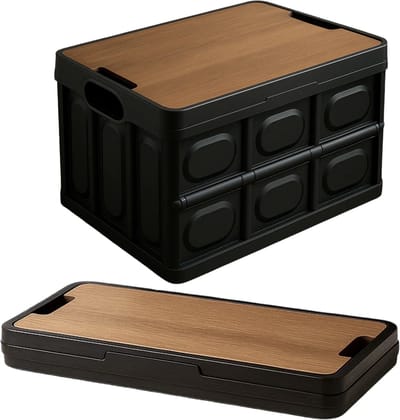 Lomera Opbergkrat Met Deksel - Vouwkrat - Inklapbaar - Afneembaar Houten Deksel - Kunststof En Mdf - Kofferbak Organizer - Camping Opbergkrat - Opbergkrat Voor Auto - Opbergkrat