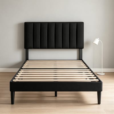 KUTAS heavy duty metalen bedframe - Gestoffeerd bedframe - 90x200 CM - Zwart - Bedplaats Met Plat Noedelsframe en Verstelbaar Hoofdbord - Draagkracht 480 kg