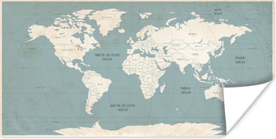 Wereldkaarten - Wereldkaart - Vintage - Blauw - 160x80 cm