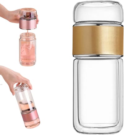 carmdering - Theefles - Dubbelwandige Theefles - Theeglas met Filter - 280 ml, goud, borosilicaatglas - 304 roestvrij staal filter, voor losse thee en zakjes - Dubbelwandig, buitenkant koel - Perfect voor thuis, kantoor en reis