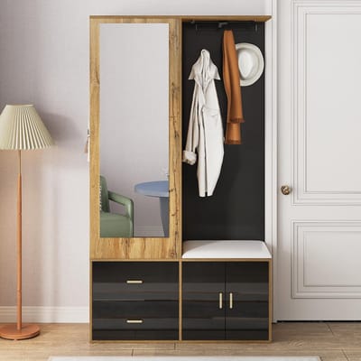BLACKCOLORS Elegante opbergset in zwart en houtkleur met spiegel, schoenenkast, schoenenbank met haken en uitschuifbare kleerhangers.