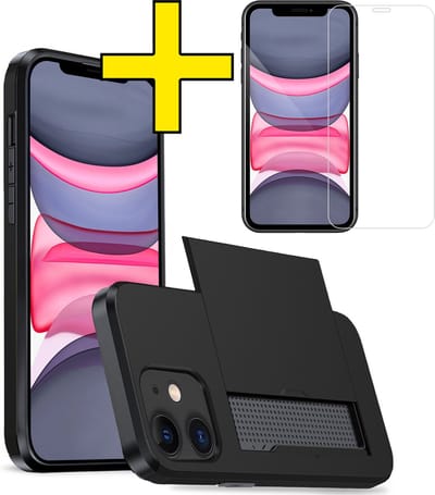 Hoesje Geschikt voor iPhone 11 Hoesje Case Pashouder Hard Cover Met Screenprotector - Hoes Geschikt voor iPhone 11 Hoesje Met Kaarthouder - Zwart