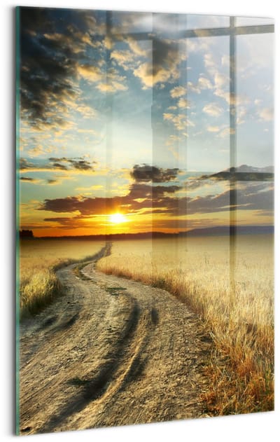 Wallfluent Glasschilderij - Onverharde weg en zonsondergang Glas Foto - 40x60 cm - Bruin Verticale Muurschildering - Landschap Glazen Schilderij - Foto Op Glas - Foto Schilderij Op Glas