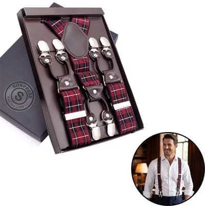 Sorprese - Luxe Chique Bretels - Highland Red - Donkerbruin Leer - 6 Stevige Clips - Bretels Heren Volwassenen - Inclusief Cadeaudoos