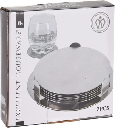 Onderzetters - 6x st - zilver - D8,5 cm - RVS - met houder - glazen/bekers/kopjes onderzetter
