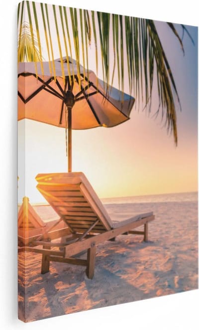 Artaza Canvas Schilderij Zonsondergang Strand - 30x40 cm - Klein - Wanddecoratie Zee - Muurdecoratie Ligstoelen - Kamer Accessoires Woonkamer