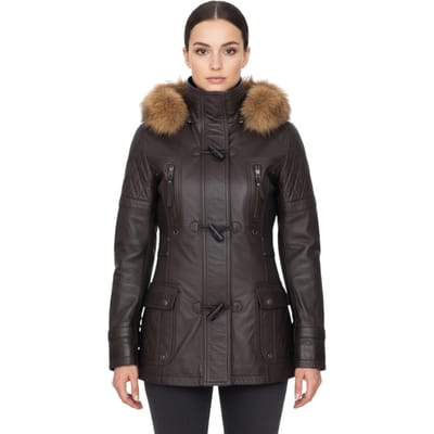 Dames bruine lamsleren gewatteerde parka met bontkraag - Duchess