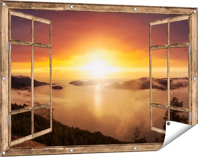 Gards Tuinposter Doorkijk Zonsondergang in de Bergen met Wolken - 120x80 cm - Tuindoek - Tuindecoratie - Wanddecoratie buiten - Tuinschilderij