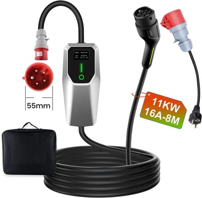 Hexinex Mobiele Thuislader 11kW - CEE naar Type 2 stekker - 8 meter Laadkabel - 16A 3 fase - IP66 Waterdicht EV Oplader - LCD Digitaal Display - Schuko-adapter