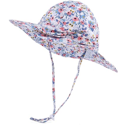 VHV - Baby zonnehoed - UPF 50+ katoenen zomerhoed met kinband - lichtroze bloemenprint - voor strand en vakantie