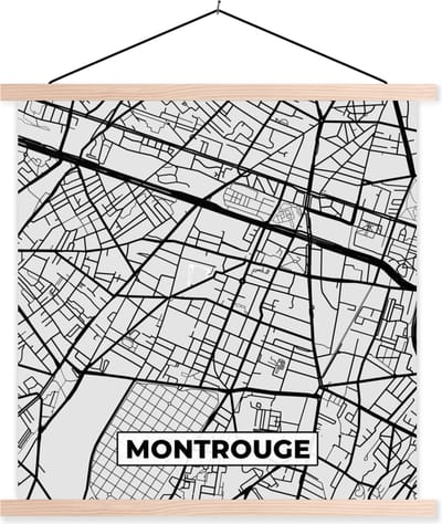 Posterhanger incl. Poster 40x40 cm - Schoolplaat - Frankrijk - Montrouge - Stadskaart - Plattegrond - Kaart - Textielposter - Blanke latten - Stadskaart
