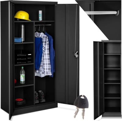 tectake® Archiefkast - Lockerkast van Metaal - Multifunctionele Kast met Slot - Kledingkast met Kledingroede - Locker met 6 Vakken - Afsluitbare Kast - incl. Planken - 180x80x40cm - Zwart