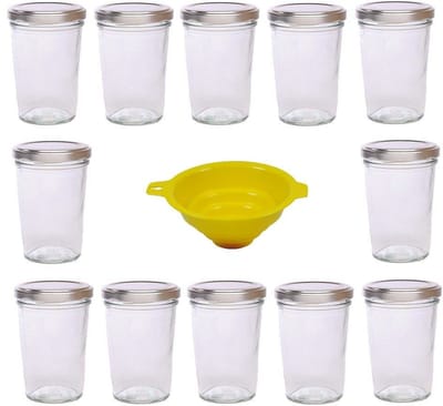 Haushaltswaren - 12 x kleine bekerpotje/jampot 150 ml met zilverkleurig deksel, voorraaddozen set als inmaakpotten, kruidenpotten, voor taarten in het glas etc. te gebruiken (incl. trechter).