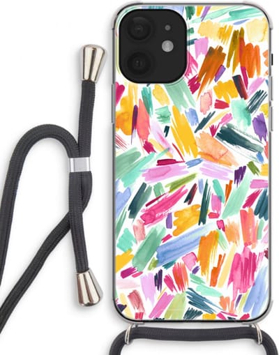 Case Company® - Hoesje met koord geschikt voor iPhone 12 mini hoesje met Koord - Watercolor Brushstrokes - Telefoonhoesje met Zwart Koord - Bescherming aan alle Kanten en Over de Schermrand