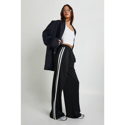 boohoo Dames Hoge Tricot zijkantstreeptape rechte pijp jogger | Black | Maat: Small