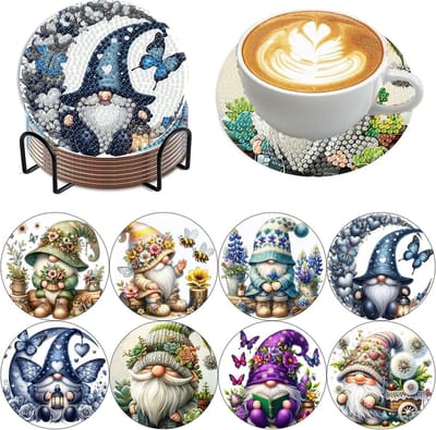 Namajunas - 8-delige Diamond Painting Onderzetters Set - Gnomes / Kabouters – Onderzettersset - met Houder en Kurk Onderleggers - Thermische isolatie - DIY Antislip Coaster Knutselpakket voor Volwassenen en Beginners - Perfect Cadeau