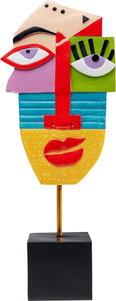 Abstract Gezicht Beeld - Maskersculptuur Kunst - Interieur Decoratie - Handgeschilderd Uniek Stuk - 52cm Hoog - Multicolor