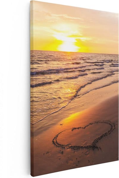 Artaza Canvas Schilderij Zonsondergang Strand - 20x30 cm - Klein - Wanddecoratie Zee - Muurdecoratie Hart - Schilderijen Op Canvas