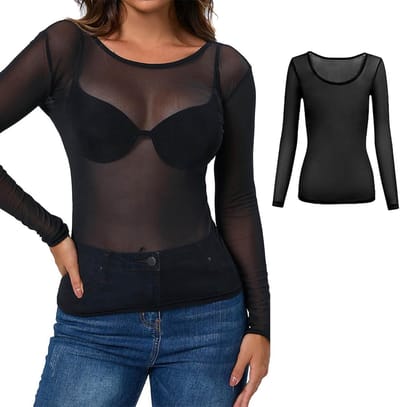 Transparante mesh top voor dames met gouden kettingriem - Ademend shirt voor feesten, uitgaansmode en dagelijks gebruik - Sexy ronde hals top voor een trendy look