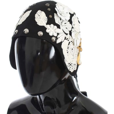 Dolce & Gabbana Black Wool White Floral Gold Leaf Women's Hat