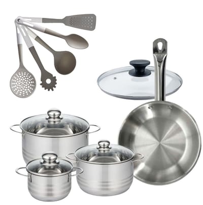 Fackelmann 9218350 RVS Koekenpan 28 cm Eterna & 3 RVS Kookpannen 16/20/24 cm Zonder PFAS met 5 Keukengerei