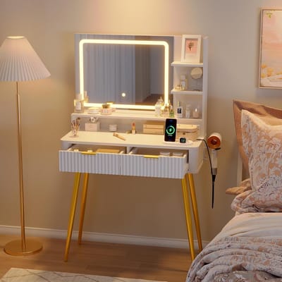 Modern make-upkaptafeltje met ledverlichting en stopcontact – verstelbare spiegel – 2 lades en open plank – voor het opbergen van spullen op de kaptafel in de slaapkamer