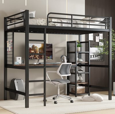 COVREO Hoogslaper met bureau – 204x95x180 cm – Metalen bed van MDF – voor slaapkamer en werkplek – Zwart-donker houtkleur - zonder matras