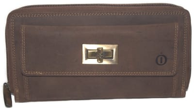 Oi Hunter bruine lederen ritsportemonnee met retro slotje / grote damesbeurs voor veel pasjes met rits en draaislotje voor kleingeld vak / lange portemonnee afgesloten met rits en munt vak voorop / Anti skimming / Hunter bruin rundleder / 446H