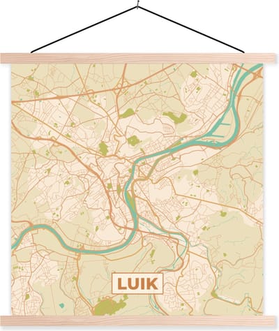 Posterhanger incl. Poster 40x40 cm - Schoolplaat - Luik - Kaart - Vintage - Plattegrond - Stadskaart - Textielposter - Blanke latten - Stadskaart