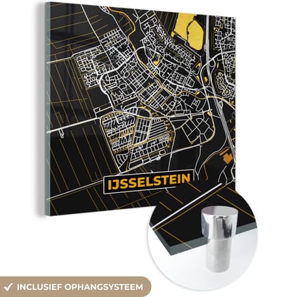 MuchoWow® Glasschilderij 50x50 cm - Schilderij acrylglas - Stadskaart - IJsselstein - Goud - Zwart - Foto op glas - Schilderijen - Plattegrond