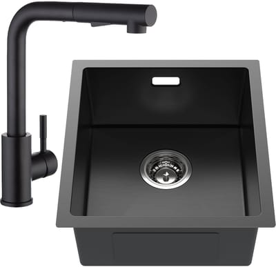 Auralum max 40x44CM Spoelbakken Keuken - Spoelbak Keuken Met Keukenkraan - Spoelbak Grijszwart RVS - Met Waterafvoersysteem - Past op 40 cm kasten