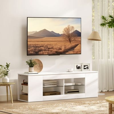 Wishdor - Tv-Meubel - 6 Vakken En 2 Glazen Planken - Modern - Voor Woonkamer - Spaanplaat En Glas - Wit - 140 Cm