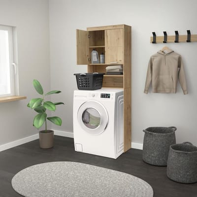 Wasmachinekast met 2 Deuren en Open Vakken - Eiken Look - Badkamerkast en Opbergruimte