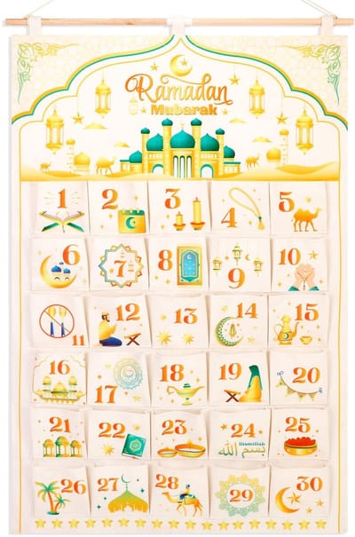 Dailygoods- Adventskalender Herbruikbaar - Wandkalender 30 Zakken - Ramadan Aftellen - Eid Decoraties - Witgouden Stof - Inclusief Houten Stok - Aftelkalender