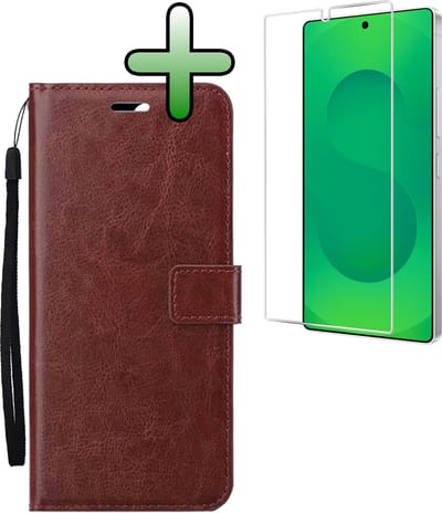 Hoesje Met Screenprotector - Geschikt voor Samsung Galaxy S25 Ultra - Luxe Pasjeshouder - Bookcase Portemonee - Flip Case - Kunstleer Book Case - Flipcase - Book Cover - Walletcase - Portemonneehoes - Bruin