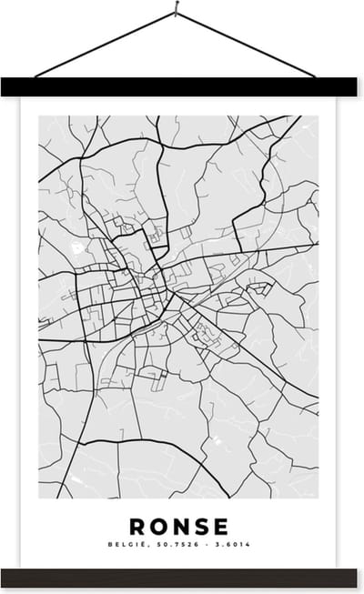 Posterhanger incl. Poster 40x60 cm - Schoolplaat - Plattegrond – Ronse – Zwart Wit – Stadskaart - Kaart - Textielposter - Zwarte latten - Stadskaart