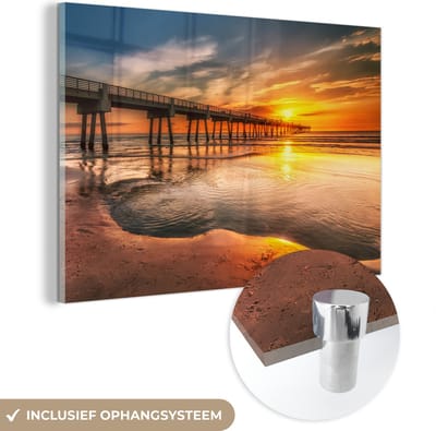 ® Glasschilderij 180x120 cm - Schilderij acrylglas - Zonsopgang aan de kust van Jacksonville in Florida - Foto op glas - Muurdecoratie woonkamer - Wanddecoratie slaapkamer - Schilderijen