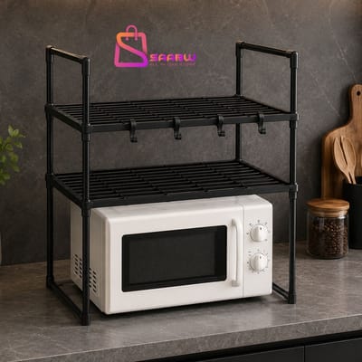 Keukenrek voor Magnetron - Magnetron Rek 2 Etages - Keuken Organiser met Haken - Aanrecht Organizer - Zwart - keukenkast - kruidenrek - keukenkast organizer - magnetronkast - 83438