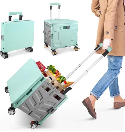 Boodschappentrolley inklapbaar, transporttrolley, tot 50 kg, 50 l kist, boodschappenmand met deksel, uittrekbare aluminium handgreep, 4 360° draaibare rubberen wielen, 100 x 41 x 35 cm (groen-grijs)