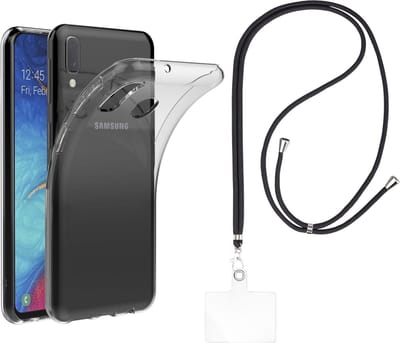 Set met hoesje en nekband voor Samsung Galaxy a20e - Flexibele, transparante TPU-bescherming, verstelbare universele nekband voor mobiele telefoons, zwarte nekband, transparante draagriem van Phonillico®