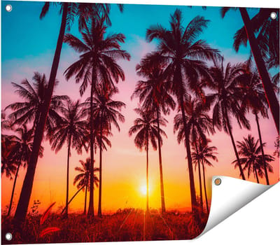 Gards Tuinposter Palmbomen op het Strand bij Zonsondergang - 80x60 cm - Tuindoek - Tuindecoratie - Wanddecoratie buiten - Tuinschilderij
