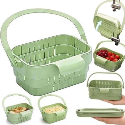 Opvouwbare Hangend Afdruipmand voor Gootsteen - Gootsteen Zeef met Handvat - Multifunctioneel Kraan Gootsteen Organizer - Korfplug voor Keuken - Afdruiprek voor Fruit, Groente en Keukengerei - Groen - SOLLBRY®