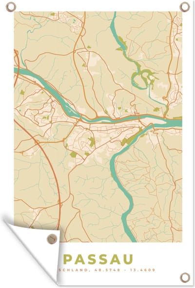 Muurdecoratie Vintage - Passau - Stadskaart - Plattegrond - Kaart - 120x180 cm - Tuinposter - Tuindoek