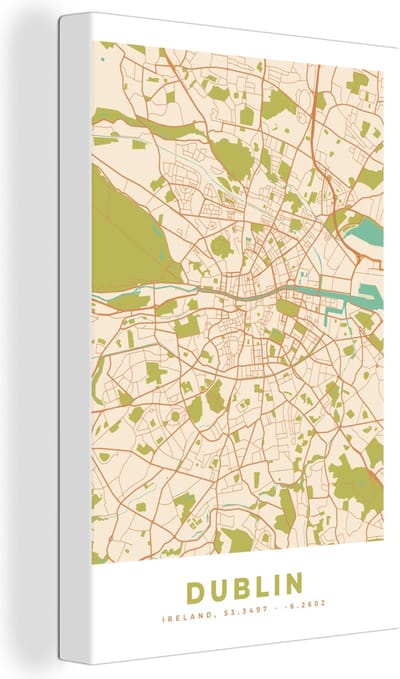 Canvas Schilderij Kaart - Dublin - Stadskaart - Vintage - Plattegrond - 20x30 cm - Wanddecoratie
