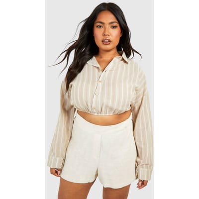 boohoo Dames Plus Gestreept Linnen-Look Crop Shirt met Gezamelde Zoom | Steen | Maat: 54