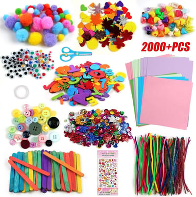 Famanu - Knutselpakketten voor, 2000+ Stuks Knutselmateriaal, Knutselkoffer voor, Doe-het-zelf Knutselkoffer voor Kids, Scrapbooking, Kralen, Pompons, voor Meisjes Jongens 4-12 jaar