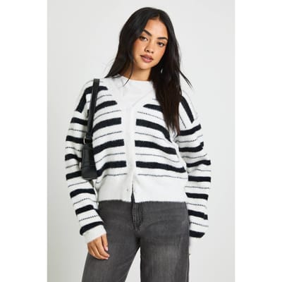 boohoo Dames Pluizige gebreide gestreepte cardigan | Mono | Maat: Small