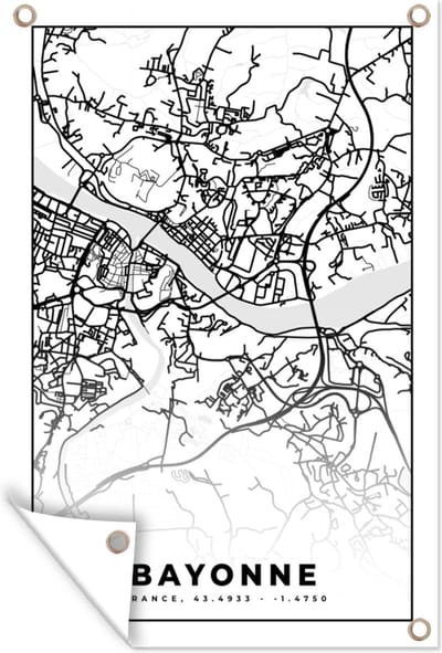 Muurdecoratie Plattegrond - Kaart - Bayonne - Frankrijk - Stadskaart - Zwart wit - 120x180 cm - Tuinposter - Tuindoek