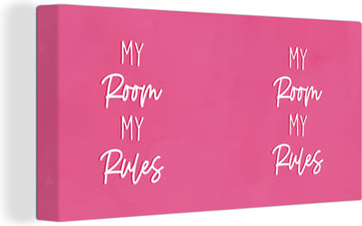 Canvas Schilderij Kinderen - Quotes - Roze - My room my rules - 40x20 cm - Wanddecoratie