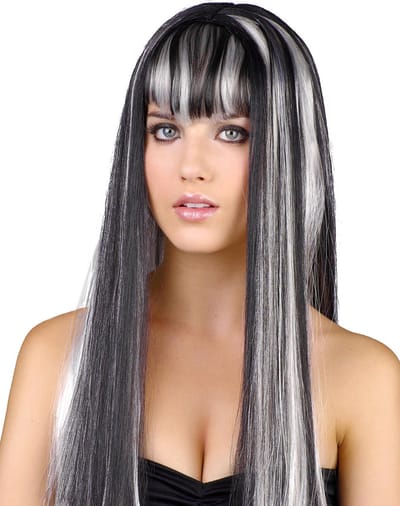 Vegaoo - Lange zwart-witte damespruik met pony - Zwart - One Size